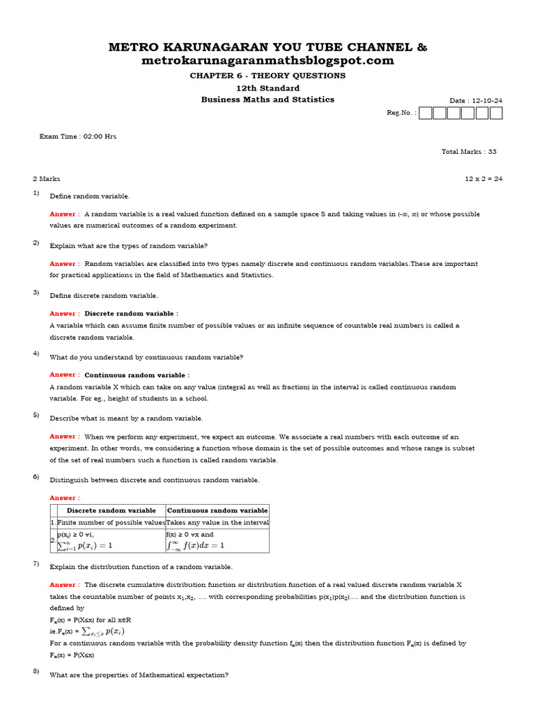 12 BM CHAP 6 THEORY | PDF | Probability Distribution | Random Variable