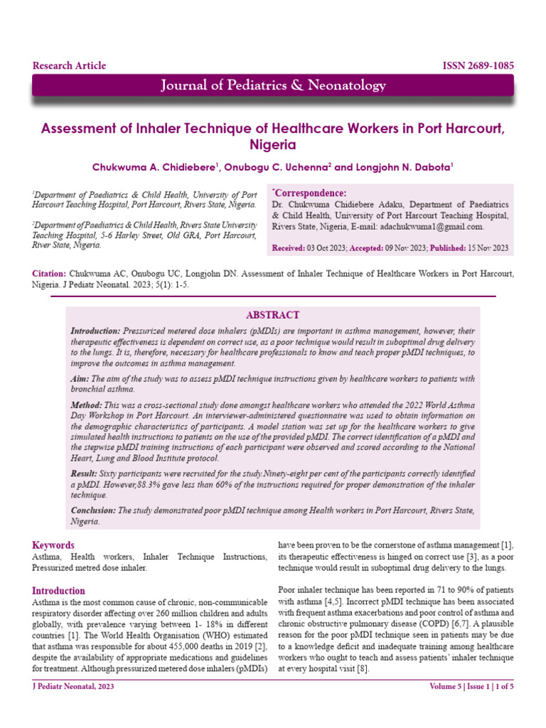 Inhaler Technique Assessment in Port Harcourt | PDF | Asthma ...