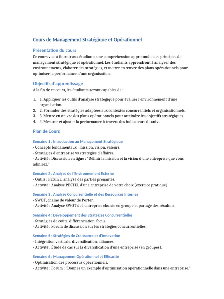 Cours de Management Stratégique et Opérationnel | PDF | Gestion ...