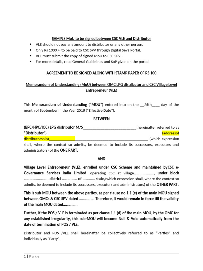 Sample of MOU Between CSC-VLE and Distributor | PDF | Business ...