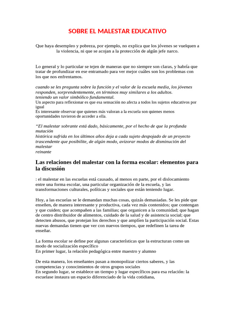 Sobre El Malestar Educativo | PDF | Escuelas | Educación en artes liberales