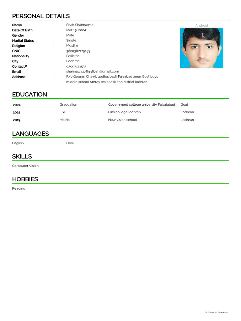 Shah Shahnawaz CV - Lodhran, Pakistan | PDF