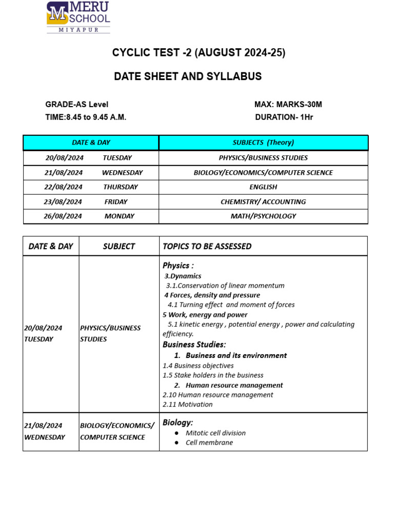 AS LEVEL - Cyclic Test 2 (2024-25) DATE SHEET AND SYLLABUS | PDF ...