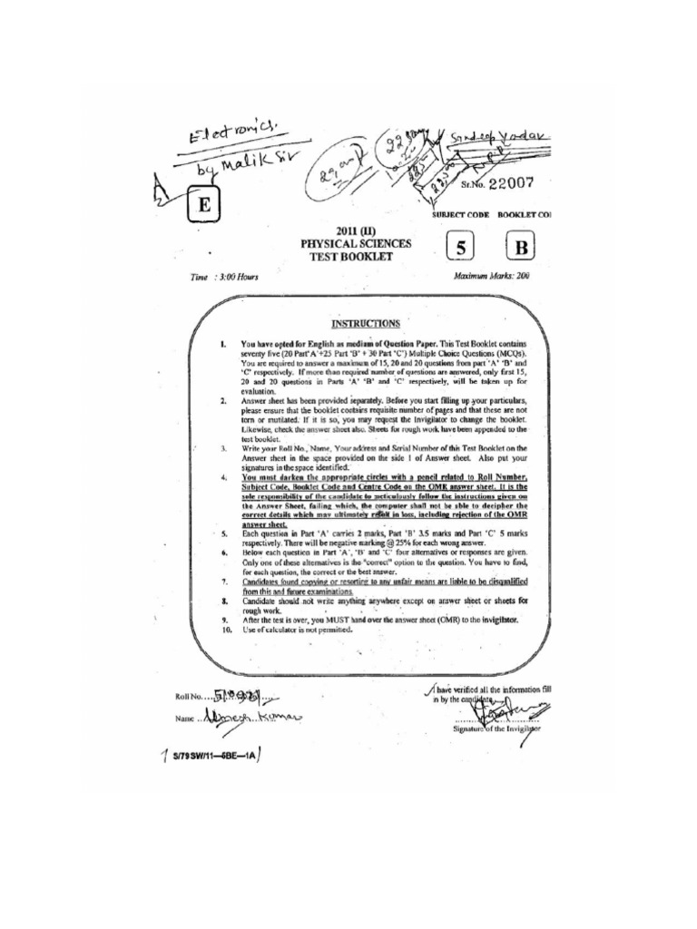 Physical Sciences DEC-2011 Answer Sheet