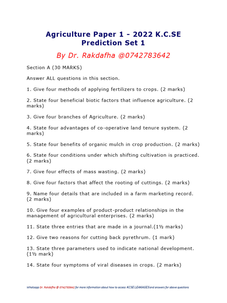 Kcse Agriculture Paper 1 Prediction Dr Rakdafha Pdf Agriculture