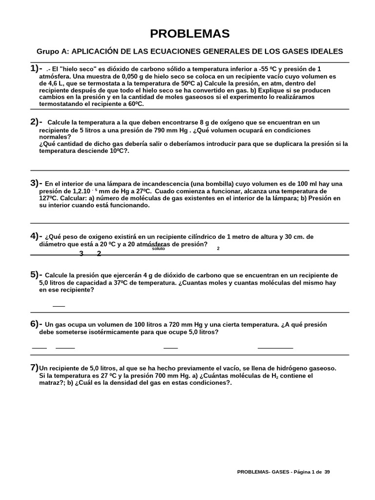 Problemas de Gases Ideales y Cálculos | PDF | Gases | Mole (Unidad)