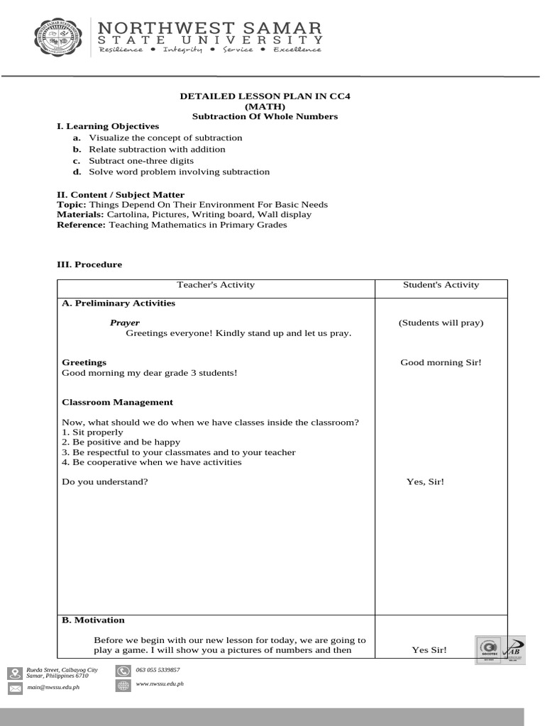 Subtraction Lesson Plan for Grade 3 | PDF | Subtraction | Elementary ...