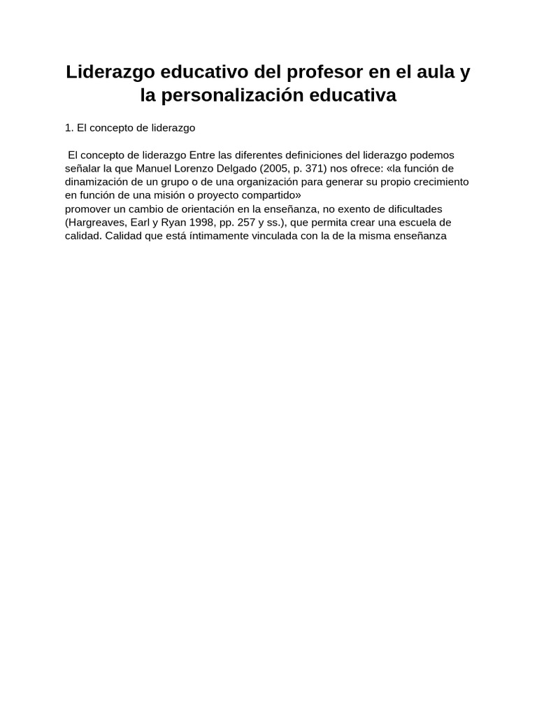 Liderazgo Educativo Del Profesor en El Aula y La Personalización ...