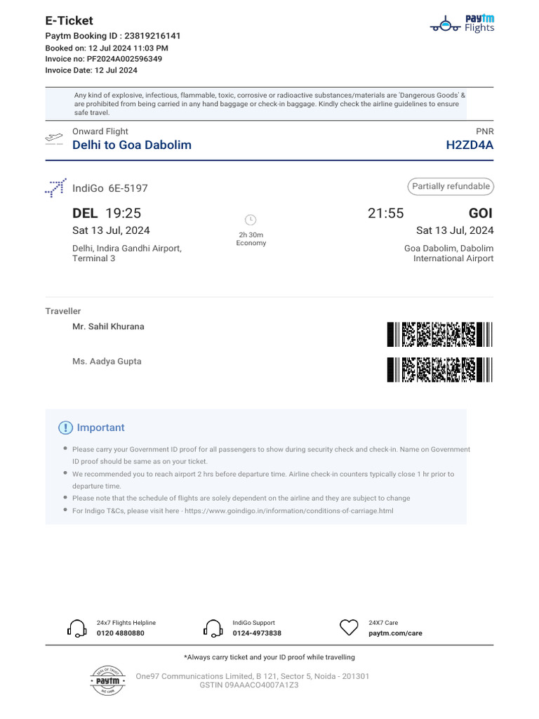 Delhi to Goa Flight E-Ticket Details | PDF | Aviation