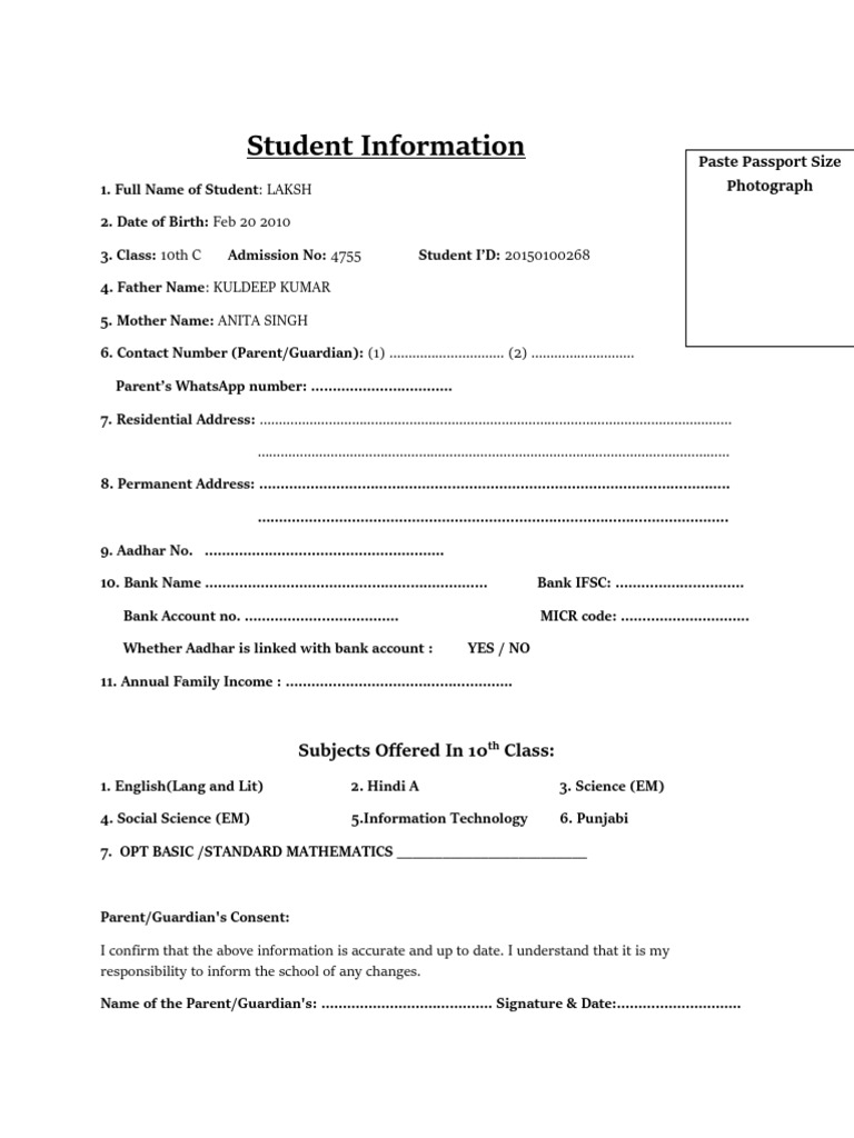Student Information for 10th Class | PDF