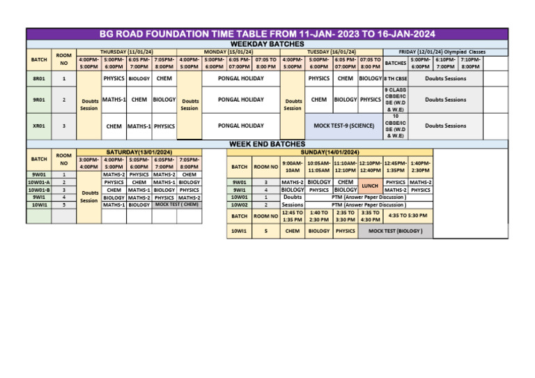 Time Table For 11-Jan To 16-Jan | PDF | Workweek And Weekend