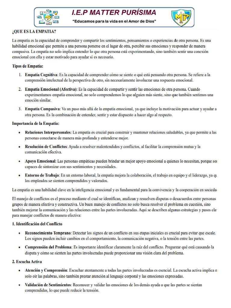 La Empatia y Manejo de Conflictos Ciclo 7a | PDF