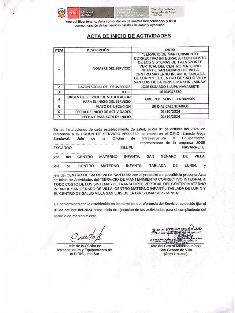 Acta de Inicio de Actividades Ascensor 2024 | PDF
