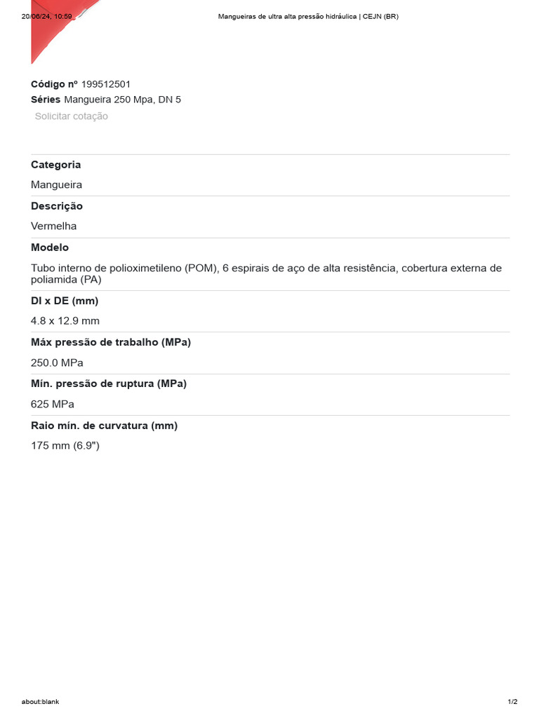 Mangueira Hidráulica 250 MPa DN 5 CEJN | PDF