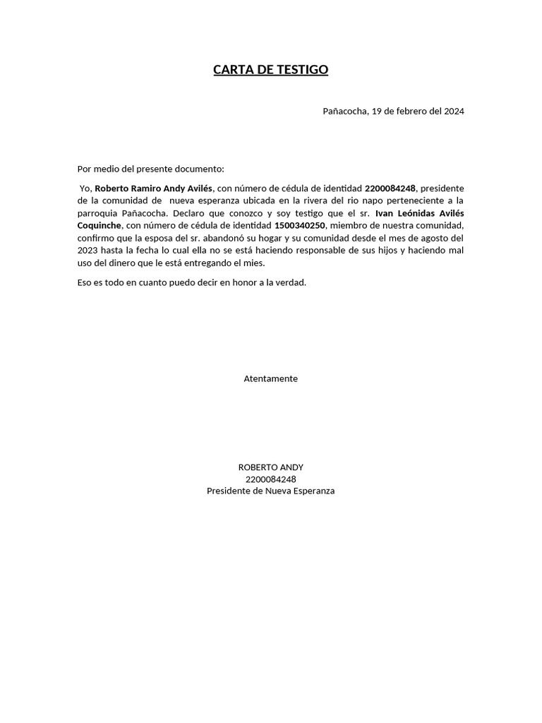 Ejemplo de carta de testigo formal | PDF | Ciencias sociales | Religión ...