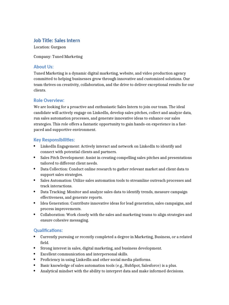 Sales Intern Tuned Marketing Job Description | PDF | Marketing | Sales