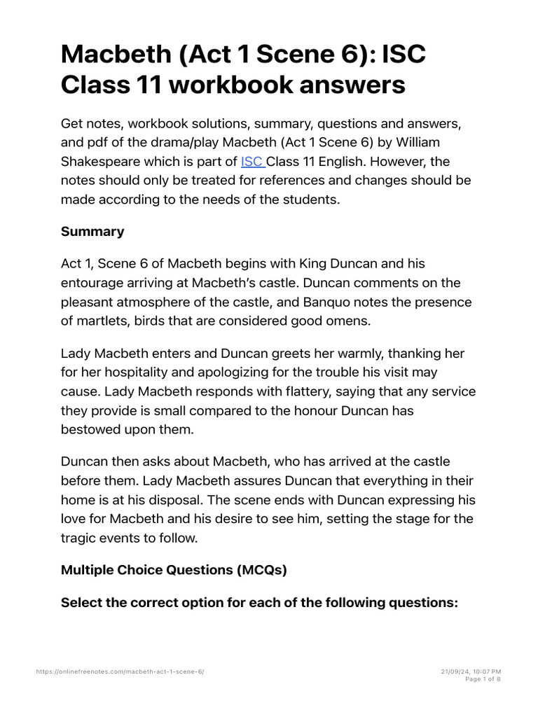 Macbeth Act 1 Scene 6 Summary & Q&A | PDF | Macbeth