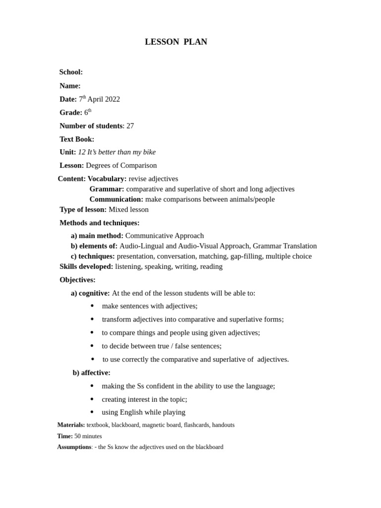 6th Grade Lesson Plan: Adjectives Comparison | PDF | Adjective ...