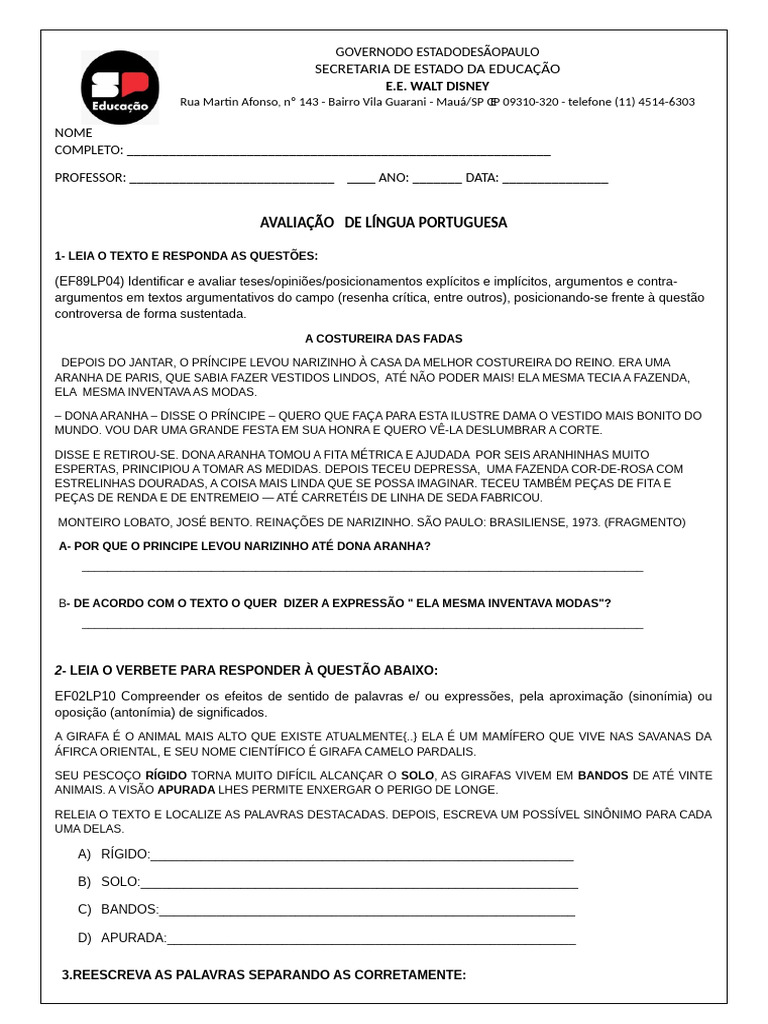 Avaliação de Língua Portuguesa - 5º Ano | PDF | Linguística