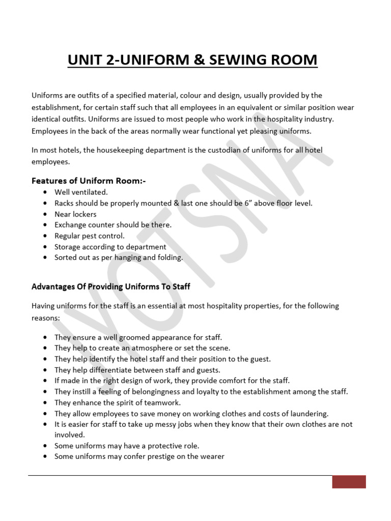 Unit 2-Uniform & Sewing Room | PDF | Sewing | Clothing