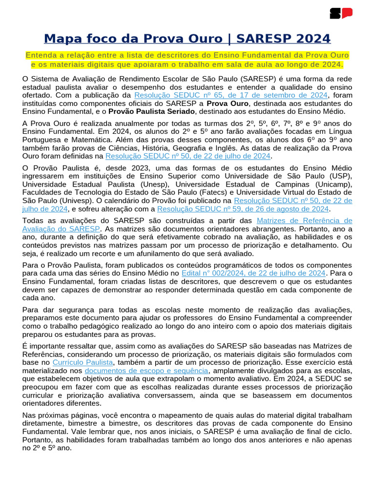 Mapa da Prova Ouro SARESP 2024 | PDF | Matemática