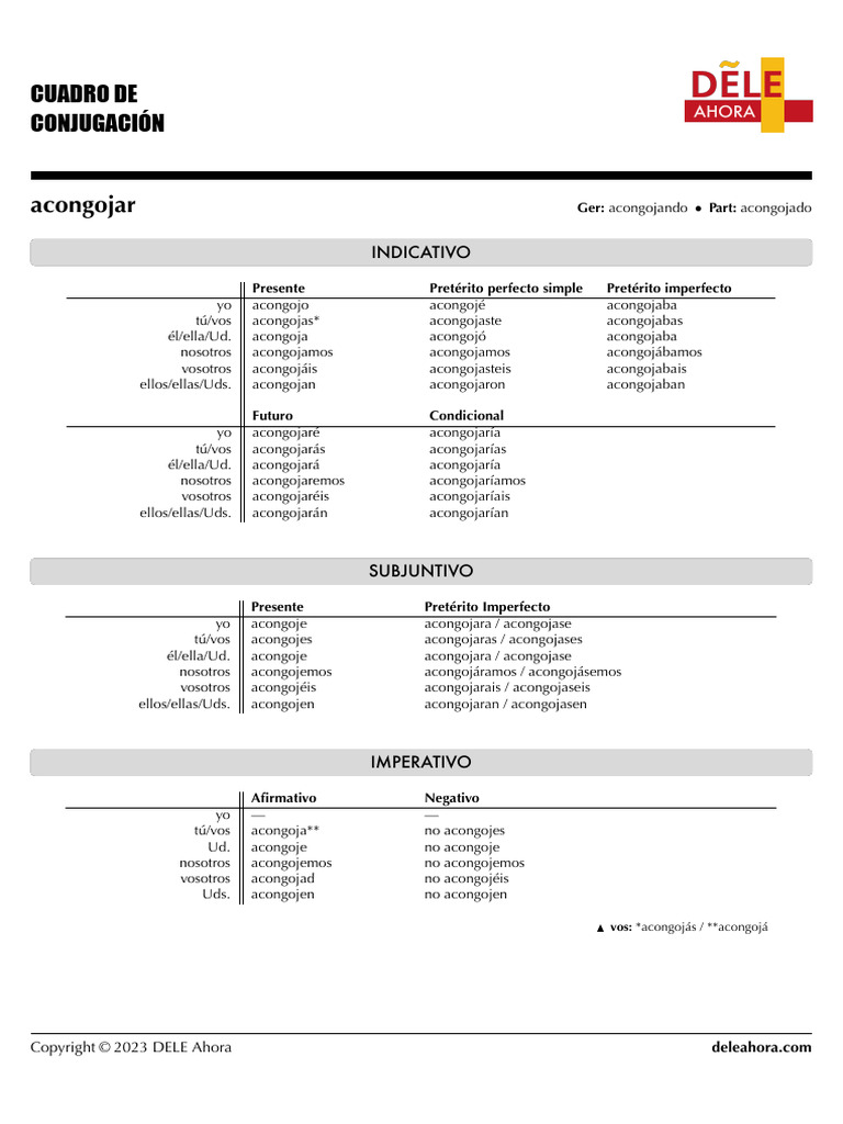 Conjugacion Del Verbo Acongojar | PDF | Mecánica del lenguaje | Morfología