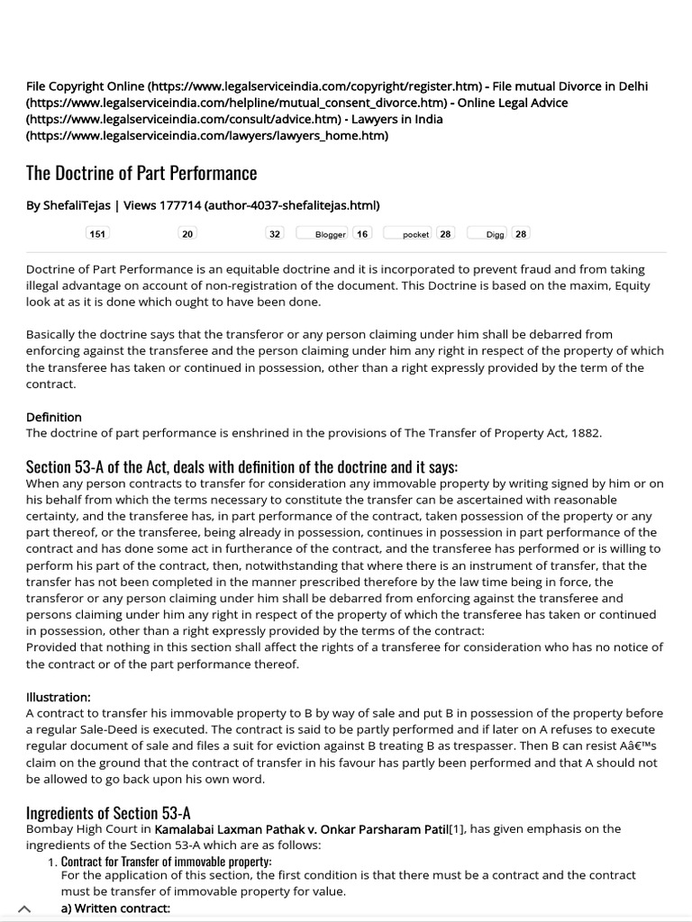 The Doctrine of Part Performance | PDF | Consideration | Property