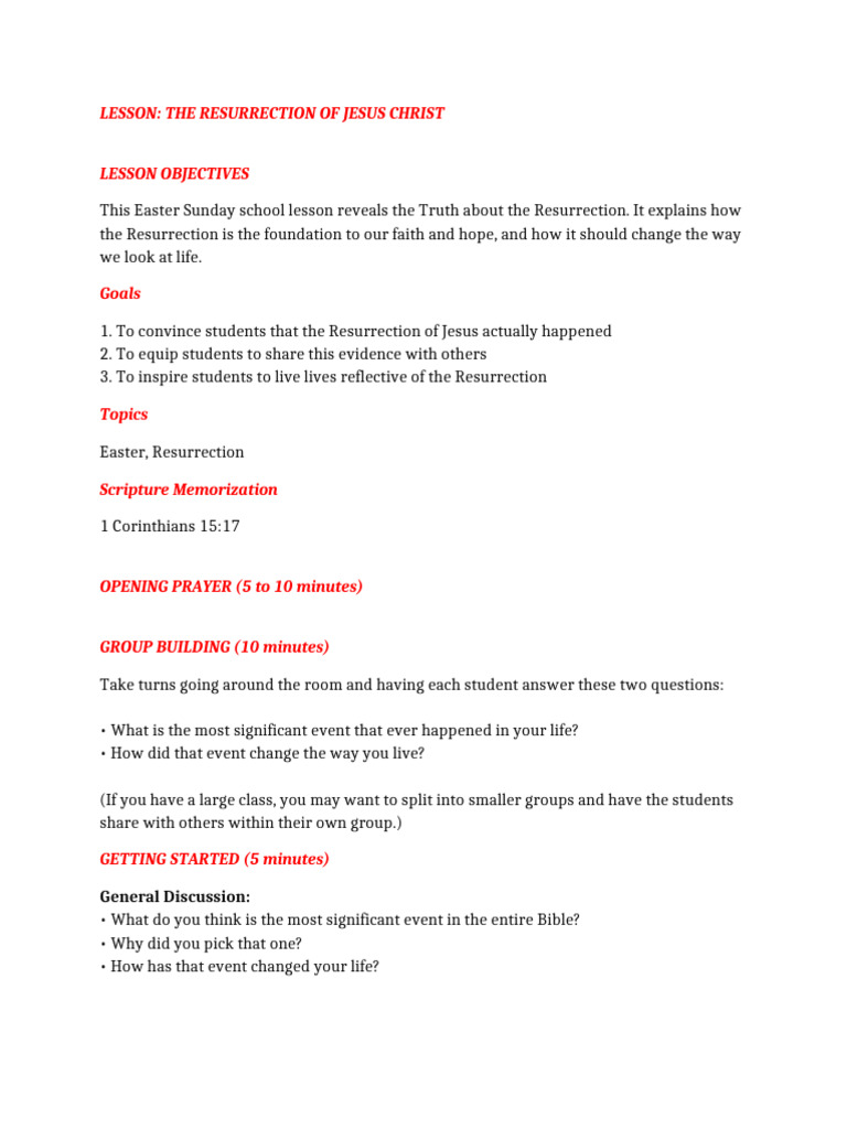 Lesson Plan For Sunday School | PDF | Resurrection Of Jesus | Jesus
