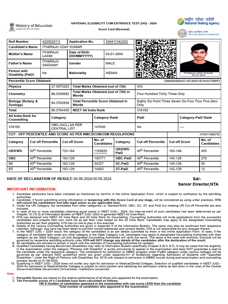NEET UG 2024 Revised Score Card Details | PDF | Justice | Crime & Violence