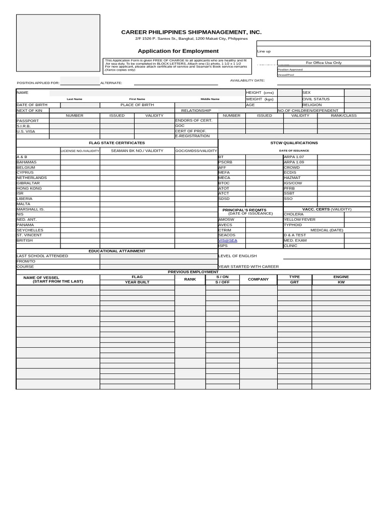Seafarer Employment Application Form | PDF