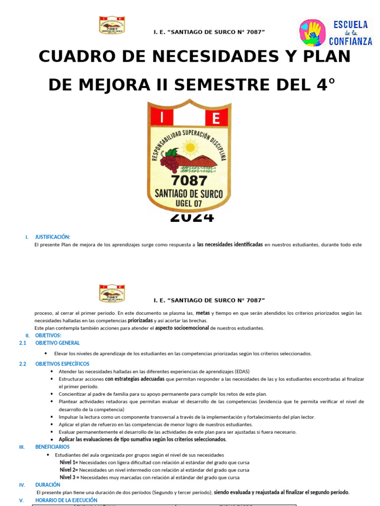 Plan de Mejora IE Santiago de Surco 7087 | PDF | Numero Gramatical ...