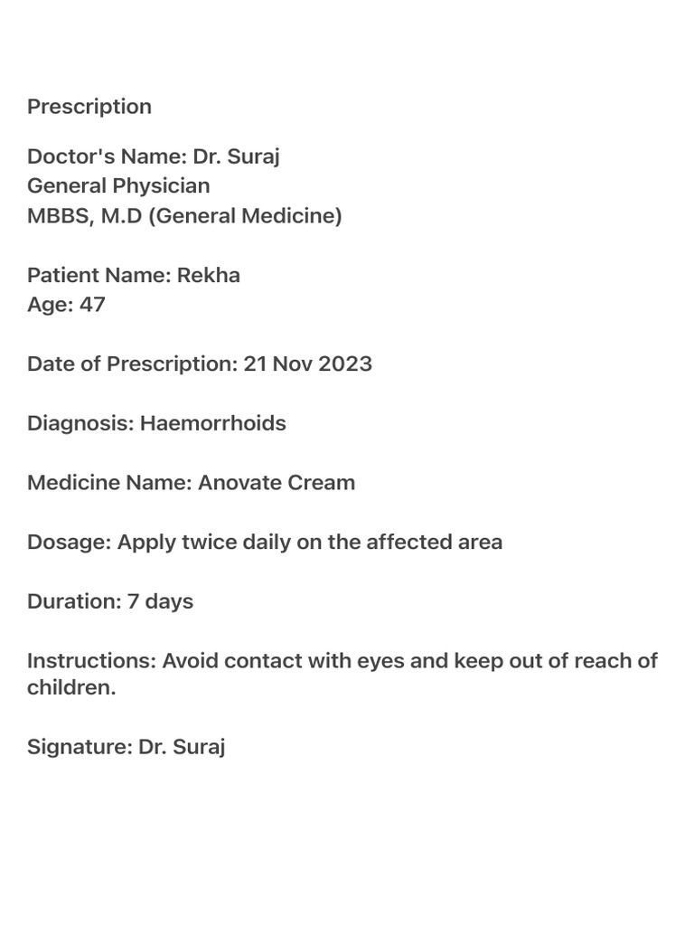 Anovate Cream Prescription for Haemorrhoids | PDF