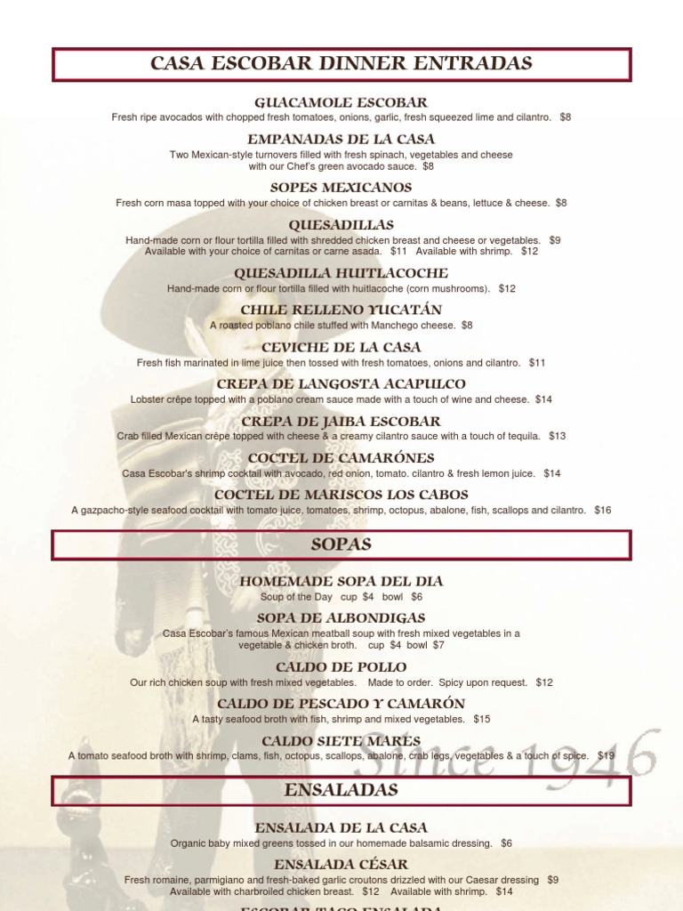 Casa Escobar Menu Overview | PDF | Burrito | Mexican Cuisine