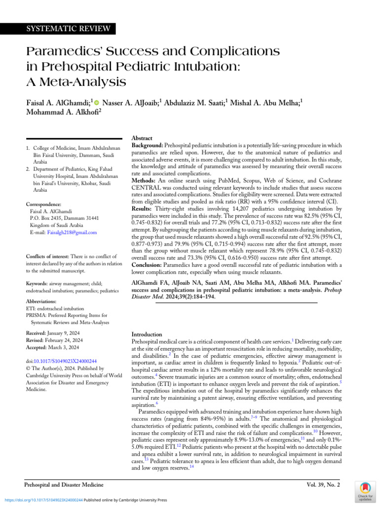 Paramedics success and complications in prehospital pediatric