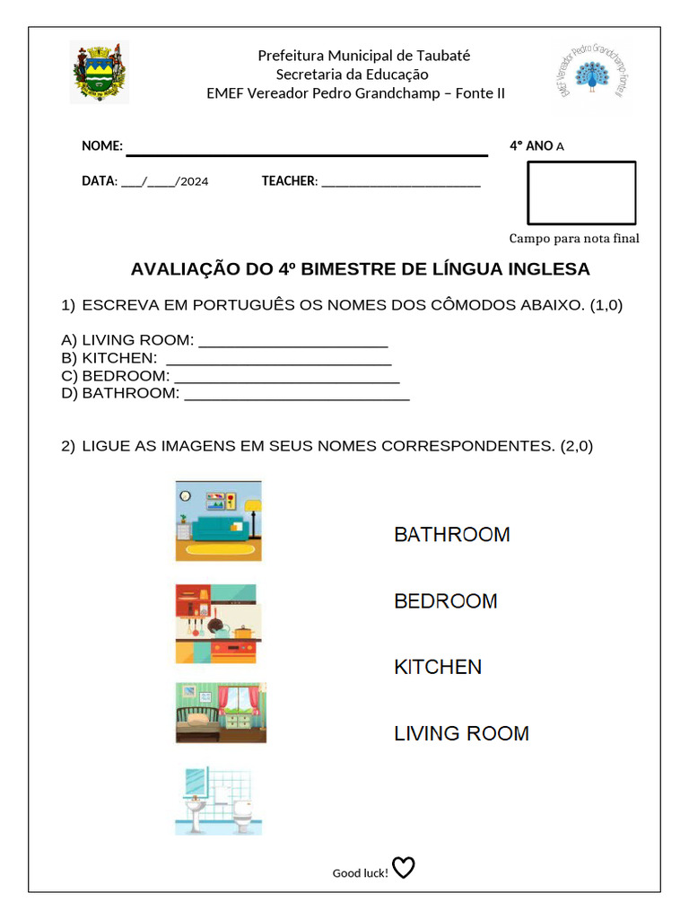 Avaliação de Inglês 4º Ano - 4º Bimestre | PDF