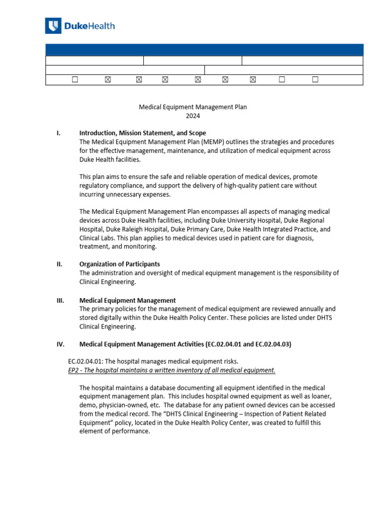 DUHS 2024 Medical Equipment Management Plan | PDF | Medical Device ...