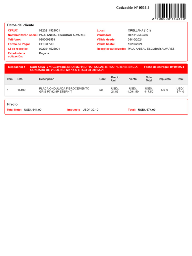 DaD NOTA DE VENTA - 2100000153350 PAUL ESCOBAR | PDF