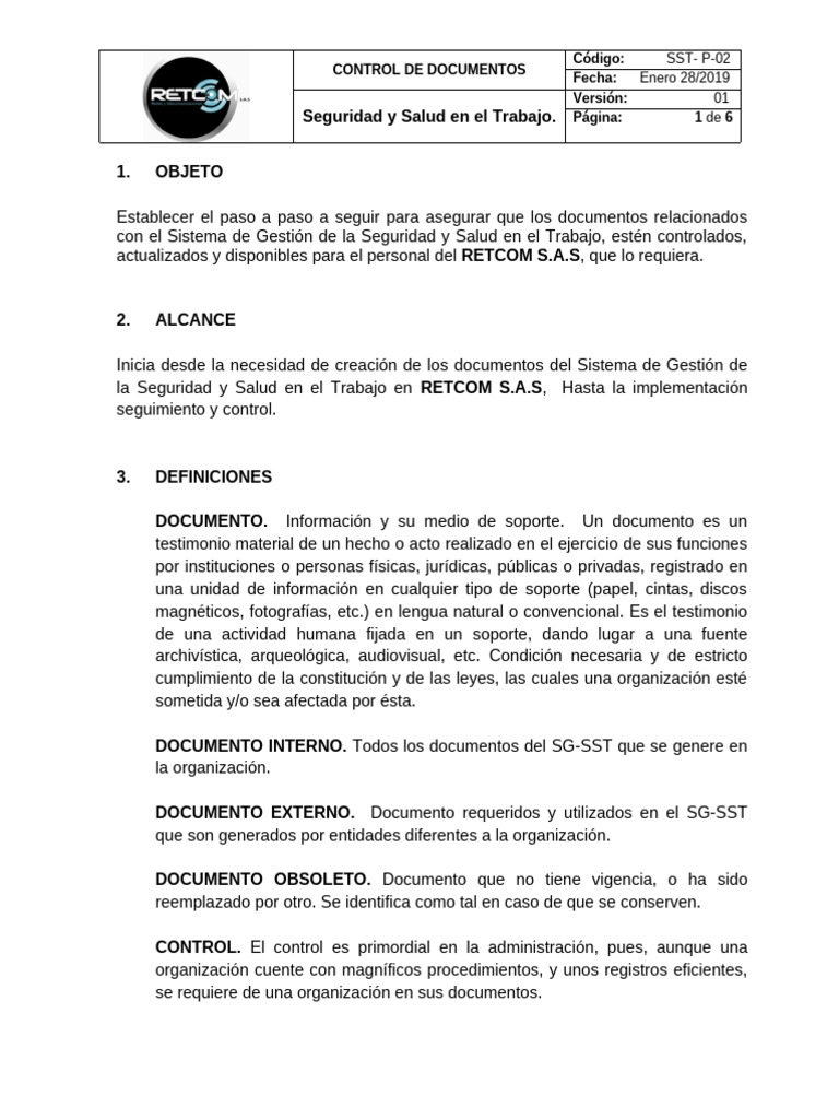 Control de Documentos SG-SST RETCOM | PDF | Documento