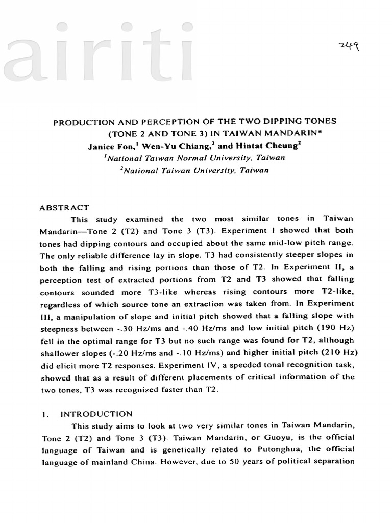 Production and Perception of The Two Dipping Tones (Tone 2 and Tone 3 ...