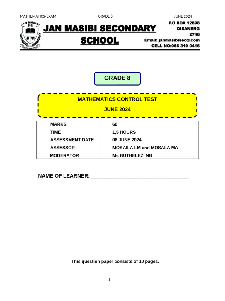 Grade 8 June 2024 Maths Exam Paper | PDF | Algebra | Mathematics