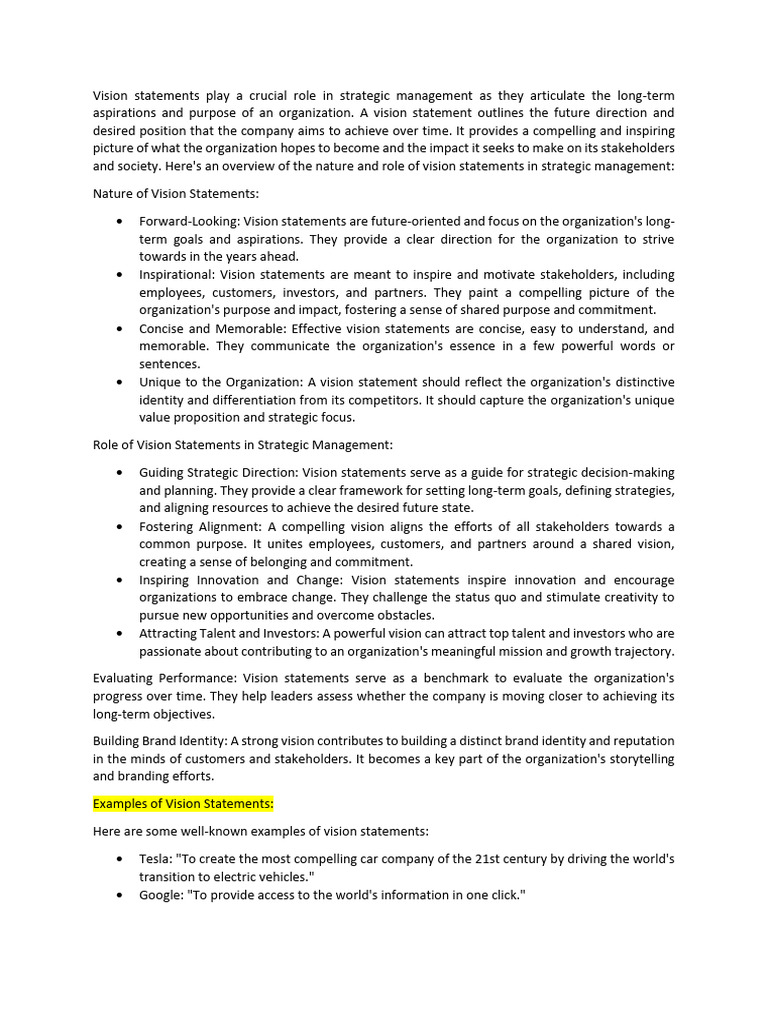 Importance of Vision and Mission Statements | PDF | Strategic ...