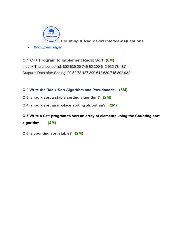 Counting & Radix Sort Interview Questions | PDF
