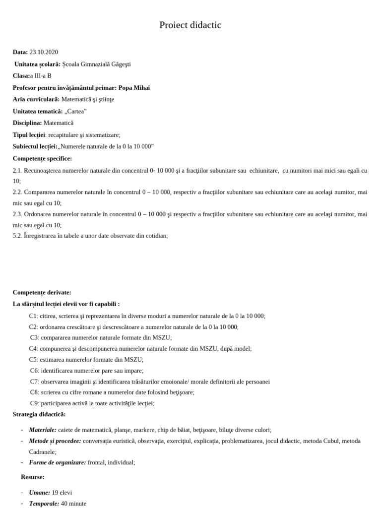 19 Proiect Didactic Matematica | PDF