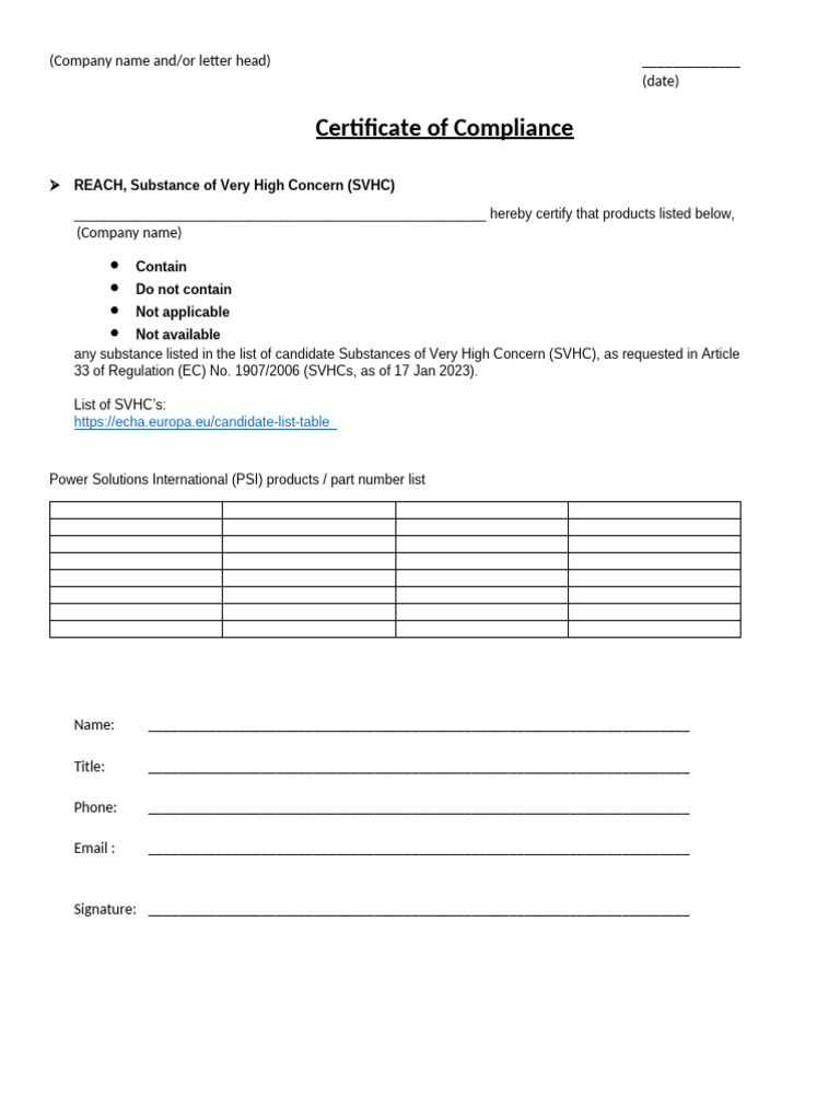 REACH SVHC Compliance Certificate Template | PDF