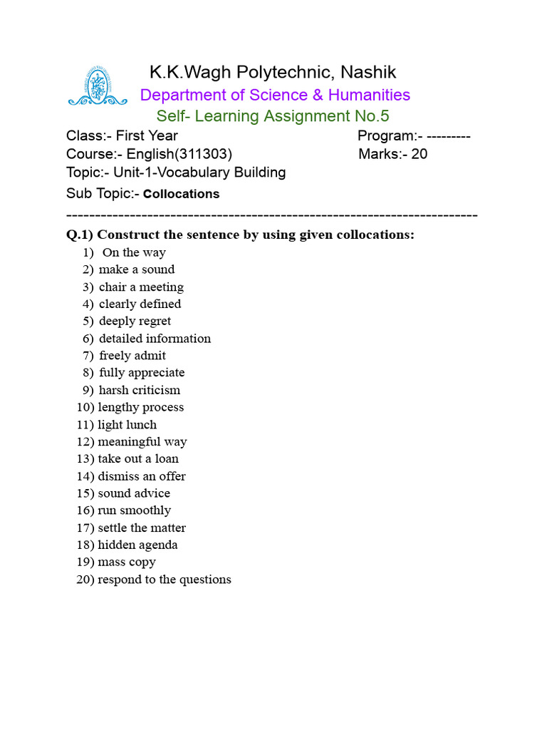 SLA ENG Assignment-5 - Collocations | PDF | Science & Mathematics