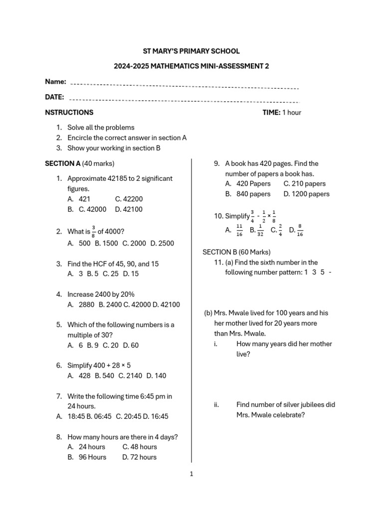 St Mary's Primary School Math Assessment | PDF | Mathematics