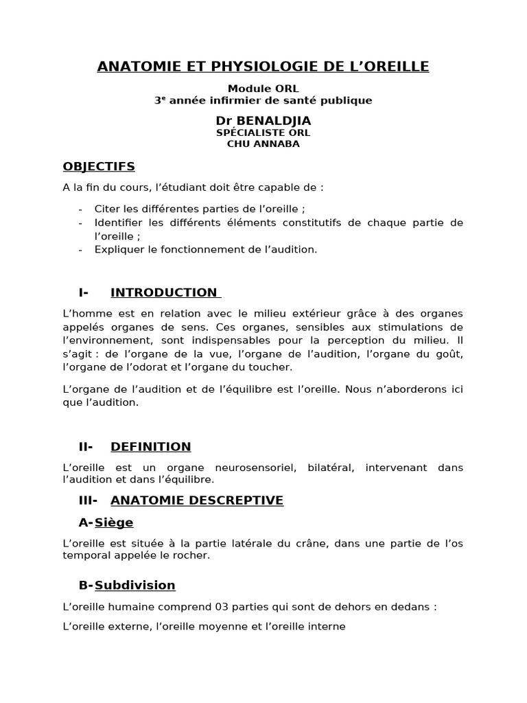 Anatomie et Physiologie de l'Oreille | PDF | Oreille | Tête et cou chez ...