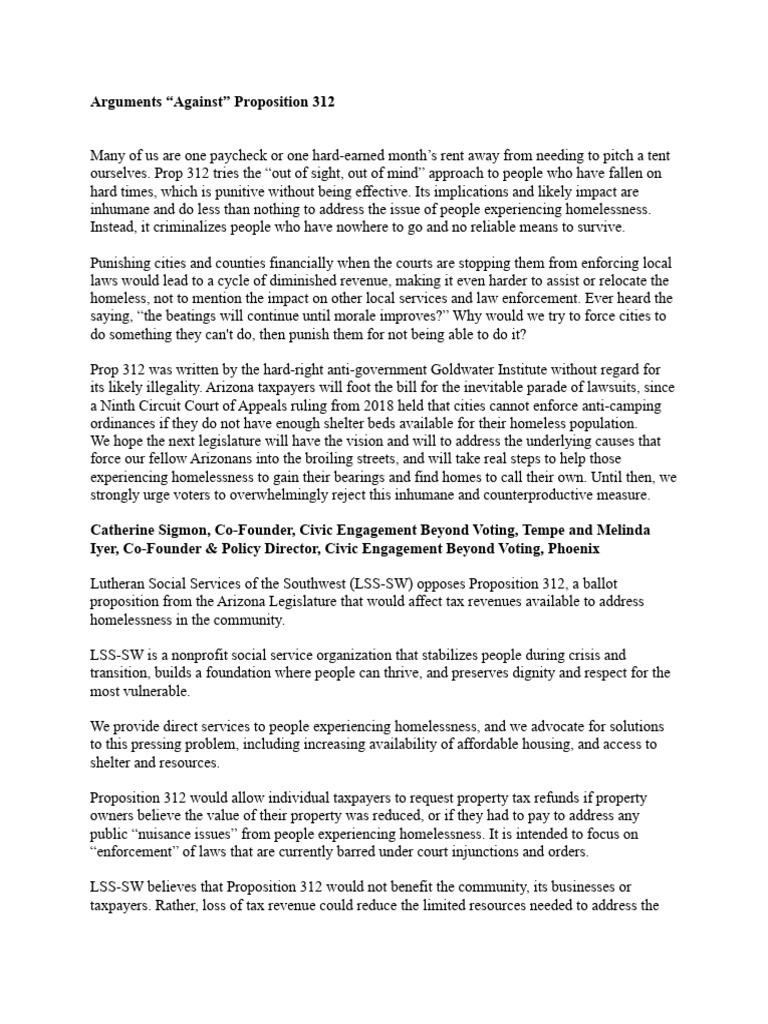 Prop 312 Against Arguments | PDF | Homelessness | Affordable Housing
