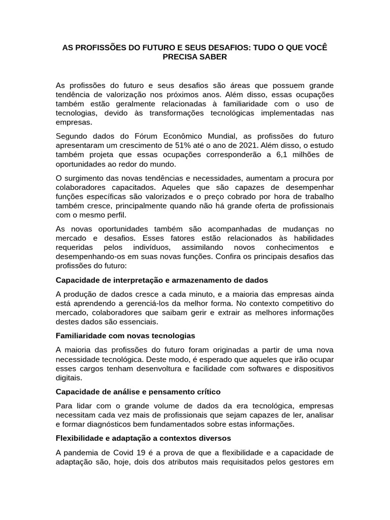 Profissões do Futuro e Seus Desafios | PDF | Economias