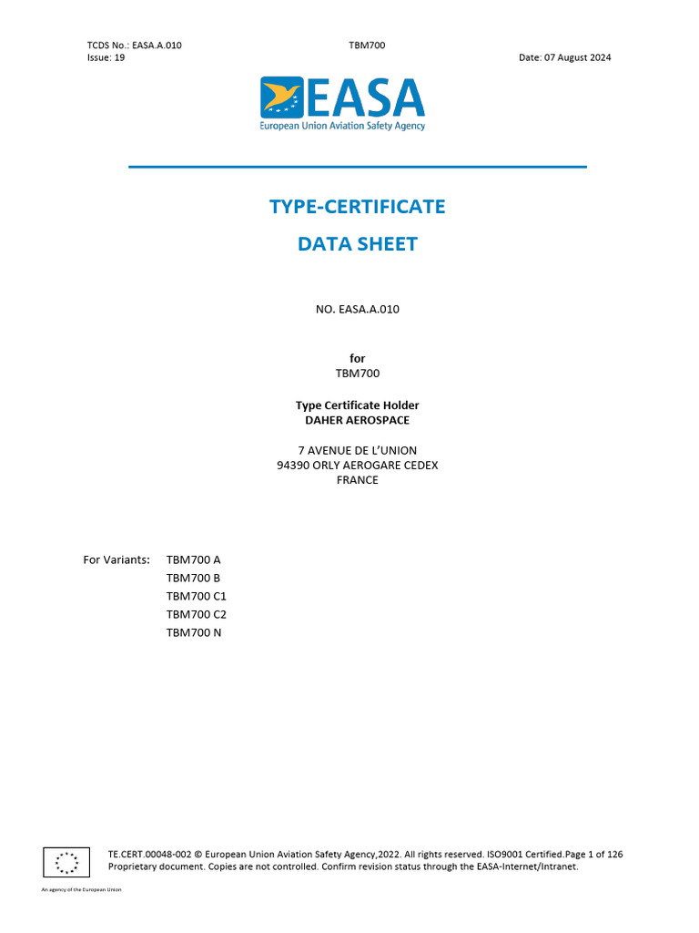 EASA Type Certificate Data Sheet TBM700 | PDF | Transport | Aviation